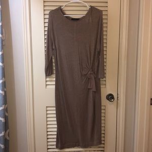 Limited taupe midi ruched with bow detail dress
